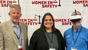 Pictured, from left: SFM Loss Prevention Specialist Jason Clausen; Sarah Allender, Senior Safety and Loss Control Specialist with True North Companies; and (in VR gear) SFM Loss Prevention Specialist Toby Tortorilla.