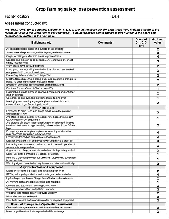 Crop farming safety loss prevention assessment