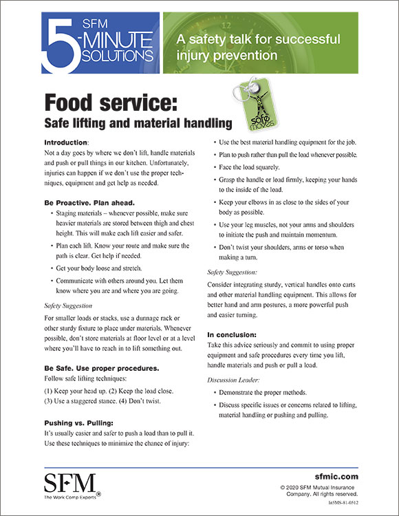 Food service: Safe lifting and material handling 5-Minute Solution